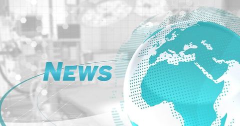 Teal globe floating above futuristic background with news text