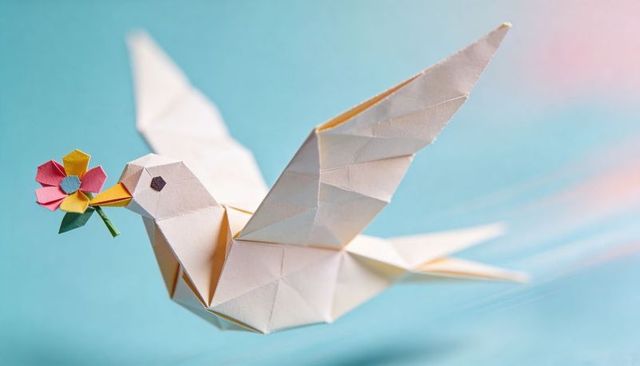 Origami dove holding colorful flower flying over pastel blue background with soft light