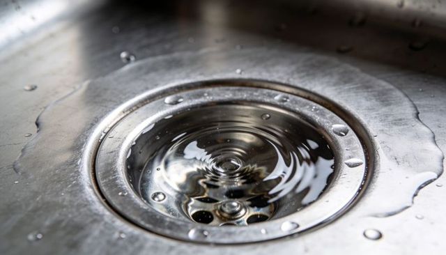 Stainless sink drain forming water vortex with ripples and reflections