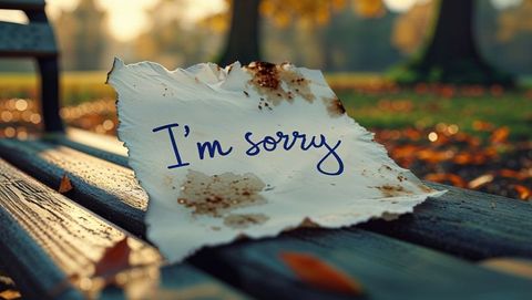 Sentimental apology note on vintage park bench, forgiveness concept