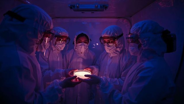 Laboratory team examining glowing petri dish inside cleanroom glovebox