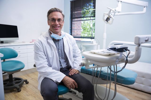 Portrait of smiling dentist sitting on chair at medical clinic