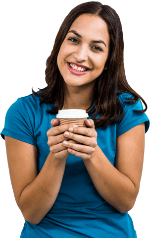 Transparent Portrait of Smiling Woman Holding Coffee Cup