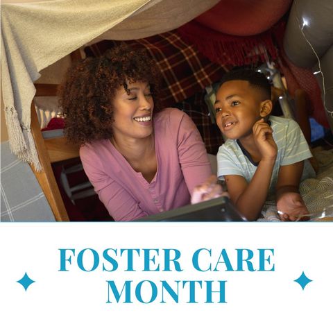 Happy mother and son celebrating foster care month indoors