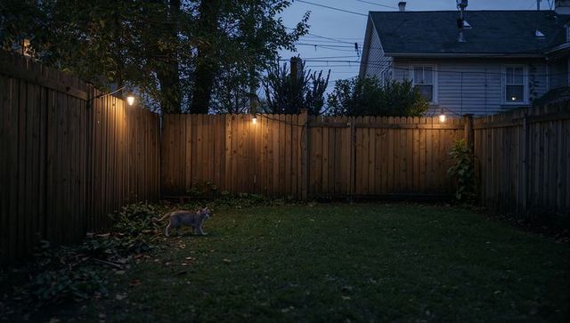 Gray tabby cat walking along backyard fence at twilight under warm string lights