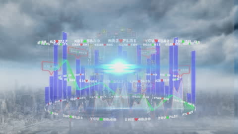 Futuristic Data Visualization Over Cityscape Skyline