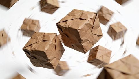 Rotating Crumpled Kraft Paper Cubes Floating in Minimalist White Space with Motion Blur