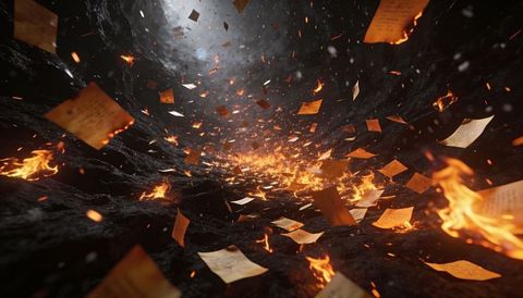 Swirling burning papers vortex rising through dark rocky chasm with glowing embers and sparks