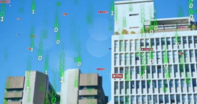 Futuristic Digital Interface on Modern Office Building Facade