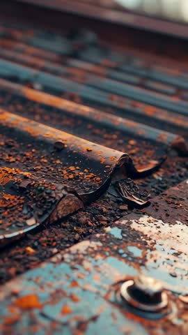 Gliding over rusty corrugated roof showing hex screws, peeling paint, weathered metal