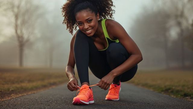 Smiling runner tying neon orange shoes at dawn on park path preparing for morning run