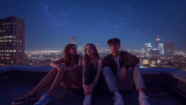 Friends Sitting on Rooftop at Night with Starry City Skyline