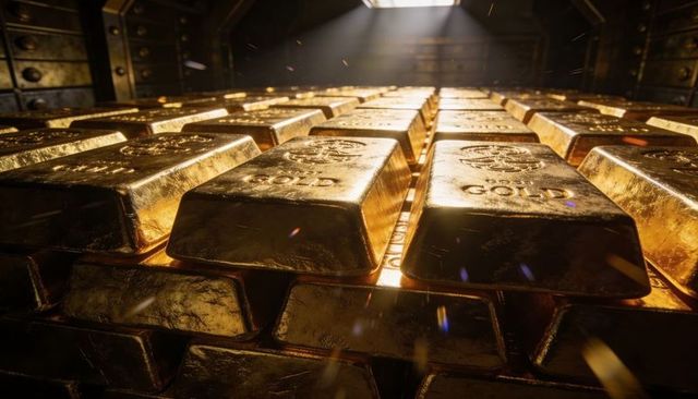 Glinting gold bullion stacked in vault under skylight with sparkling dust motes