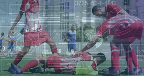 Football Players on Field with Digital Data Overlay