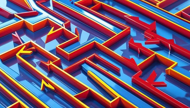 3d arrow maze on glossy blue base with vibrant red and yellow walls