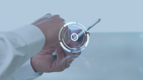 Caucasian Businessman Using Smartphone with Futuristic Digital Clock Overlay