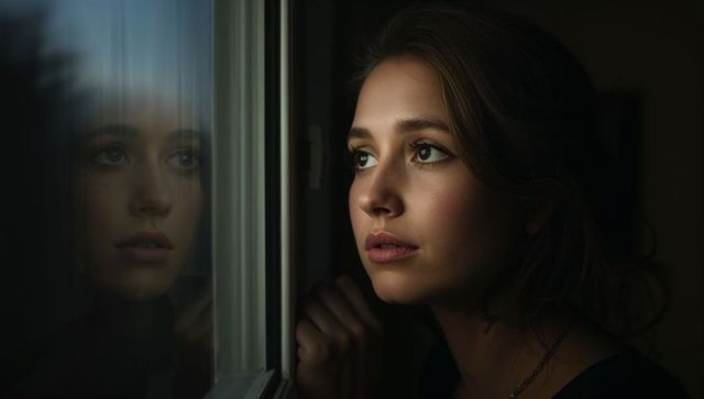 Moody low-key portrait of young woman gazing through window with reflection