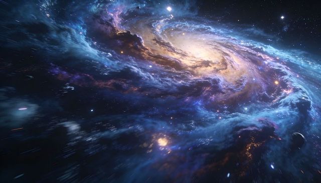 Swirling spiral galaxy showcasing luminous core, nebula filaments and starfield