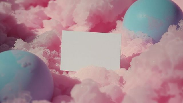 Blank White Card Surrounded by Pink Foam and Pastel Blue Spheres