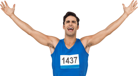 Transparent Celebrating Athlete Man in Blue Race Bib Screaming Joyfully