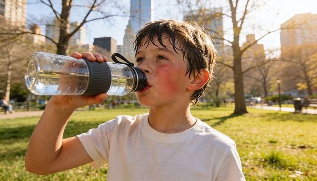 Young boy drinking water after outdoor play in urban park at golden hour