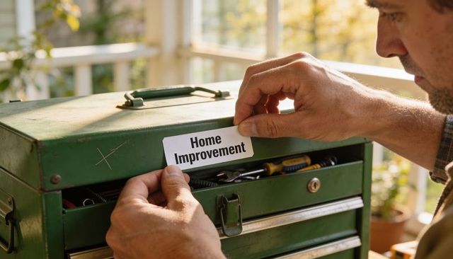 Handyman applying home improvement label on green toolbox on sunlit porch diy