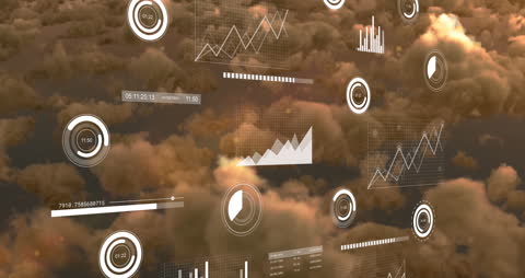Animated Data Graphics over Dark Cloudy Sky Symbolizing Cloud Computing