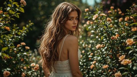 A beautiful lady in white dress amongst blooming roses, embracing natural elegance