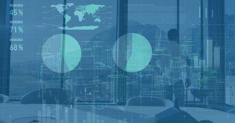 Data visualization in modern office overlooking cityscape
