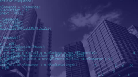 Data Processing Animation Over Cityscape Symbolizing Digital Innovation
