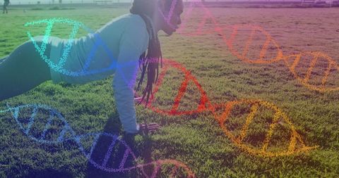 Woman Exercising in Park with Digital DNA Strand Overlay