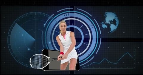 Tennis athlete in virtual arena with futuristic graphics