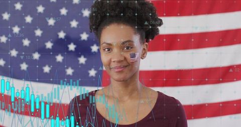 Young woman smiling in front of American flag with candlestick market data overlay