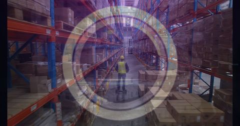 Abstract cyber elements around warehouse worker using segway
