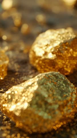 Vertical macro video pulling focus across shimmering hammered gold nuggets with bokeh