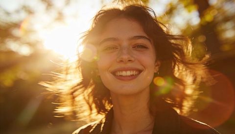 Smiling young woman basking in golden-hour backlight with lens flare and warm bokeh
