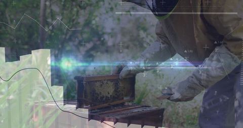 Beekeeper examining honeycomb frame with data overlay outdoors