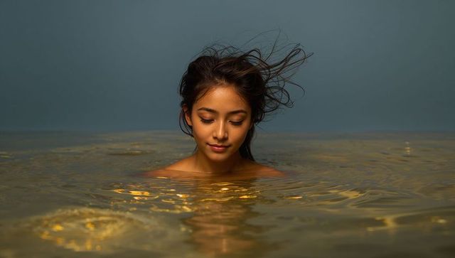 Young woman floating in golden reflective water with wet hair, serene minimalist portrait