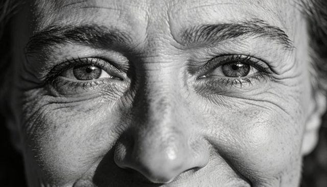 Closeup senior woman smiling with expressive eyes skin wrinkles monochrome portrait