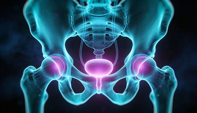 3D Neon Pelvis Illustration Highlighting Bladder and Hip Joints for Medical Education