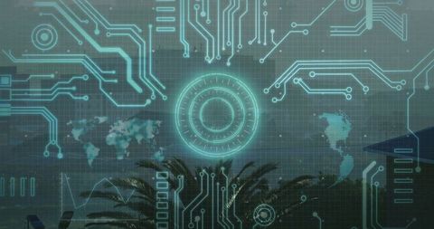 Holographic cyber hud overlay with glowing circuit traces and world map in cyan teal dusk