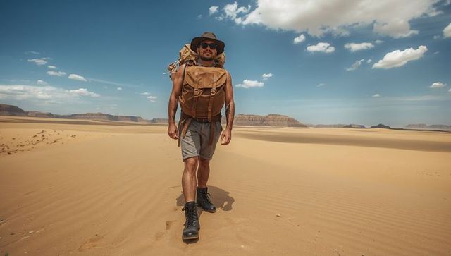 Solitary hiker walking across vast desert dunes with tan backpack, sun hat and boots