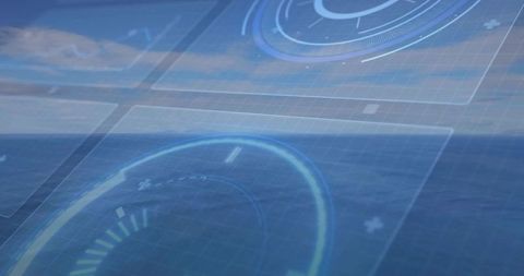 Futuristic HUD navigation overlay over open ocean horizon with circular gauges and grid