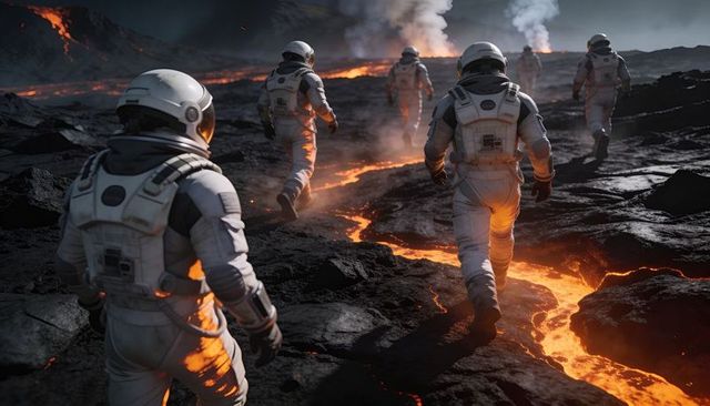 Astronaut Team Traversing Volcanic Plain Navigating Molten Lava Flows under Smoky Sky