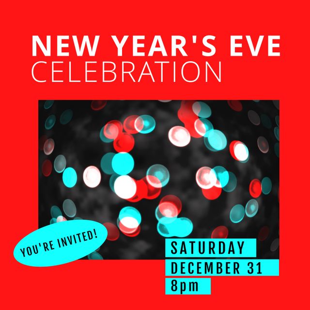 Perfect for promoting a New Year's Eve party. The invitation features vibrant, festive bokeh lights creating a celebratory mood, with clear details on the date and time. Highlighting the festive ambiance, it can be used in social media posts, event flyers, or digital invitations to communicate the joyous spirit of the event.