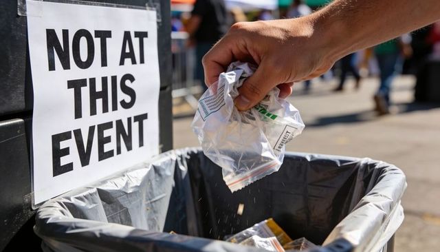 Hand discarding zip-top bag into lined trash can next to not at this event sign at fair