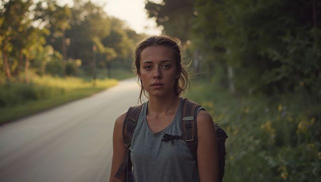 Young woman hiker pausing on sunlit country road at golden hour with backpack