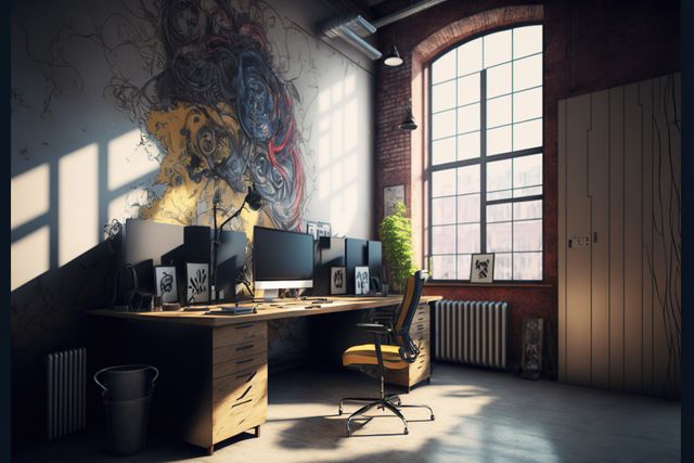 Creative office with computer, desk and painting, created using generative ai technology. Office interior and business concept digitally generated image.