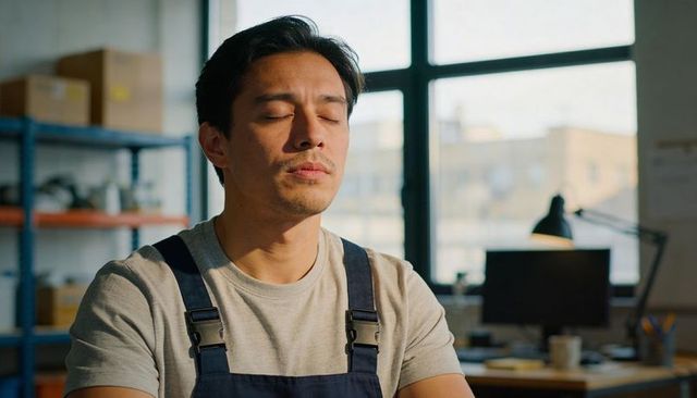 Sunlit workshop worker resting with eyes closed in overalls, contemplative break
