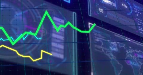 Futuristic digital dashboard displaying rising trend lines cg model